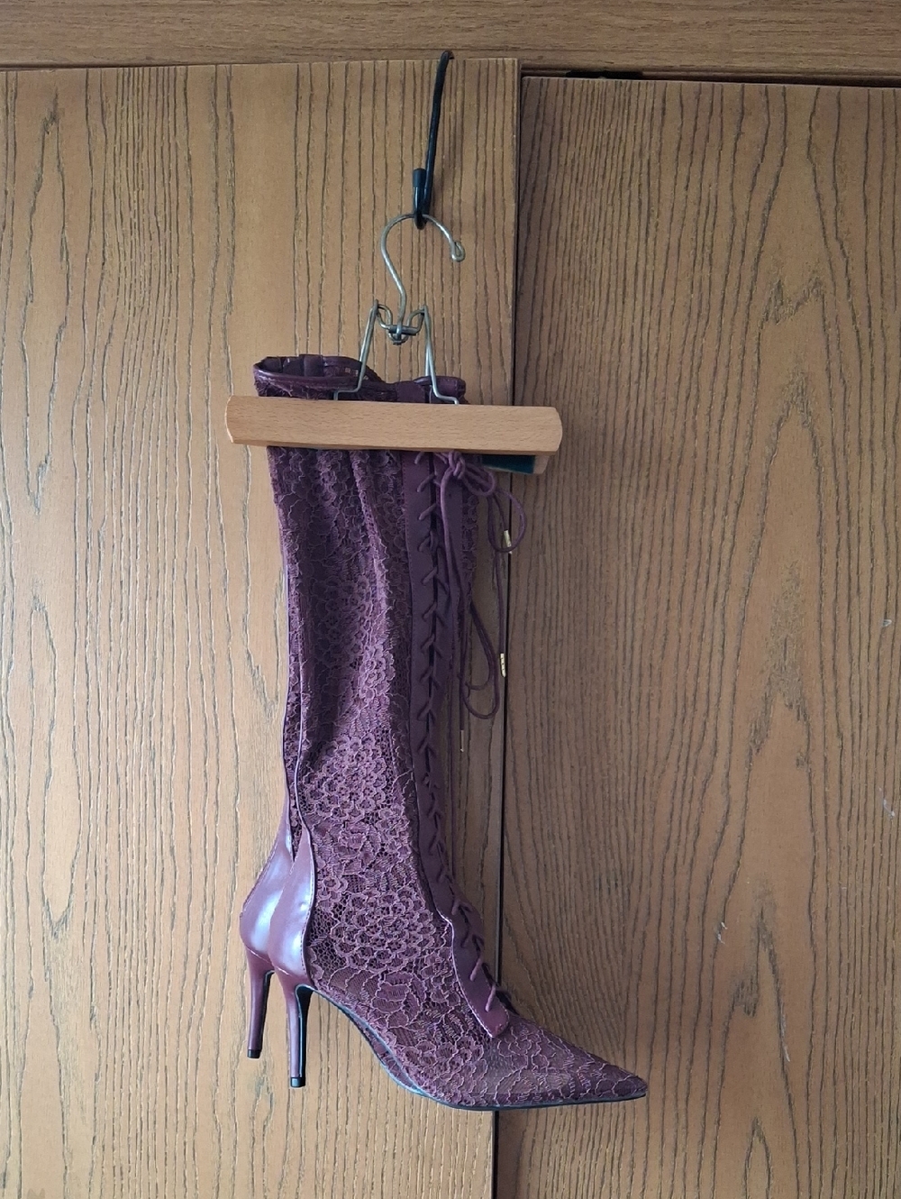 Plum Lace-Up Pointed Toe Knee-High Boots
